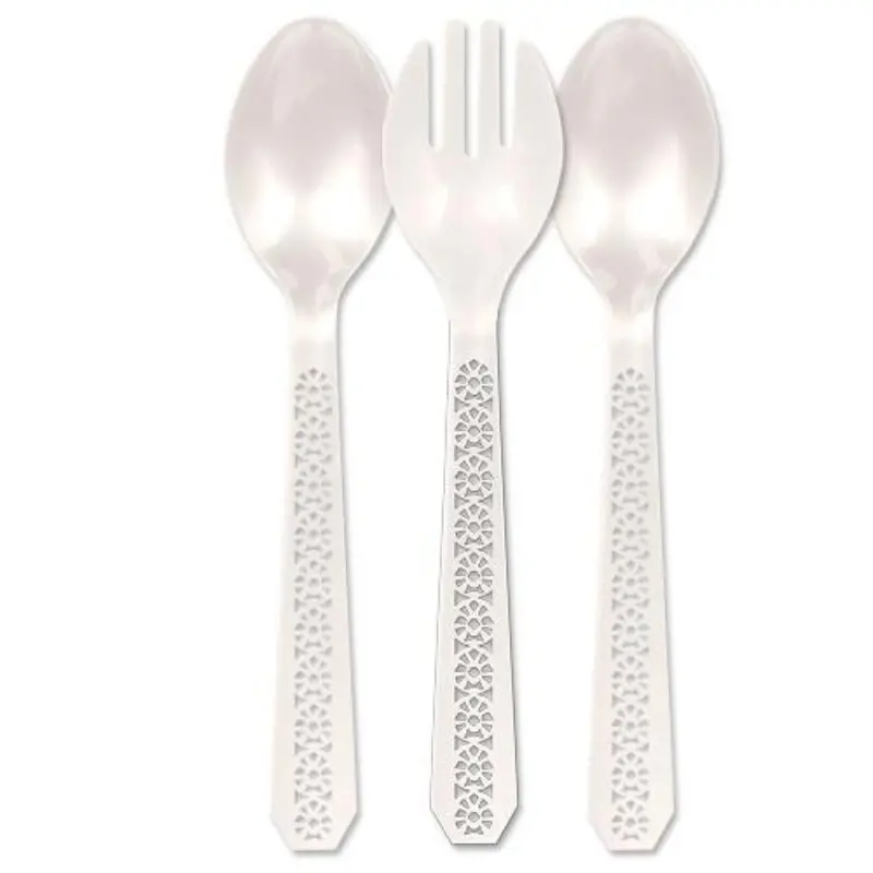 10" 3-Piece Serving Set (2 Spoons + 1 Fork) – Matte White Plastic 1