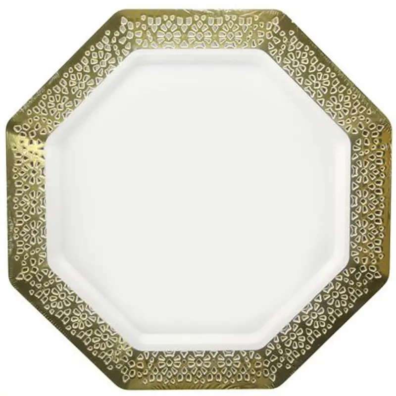11" Extra-Heavy White Plastic Plate With Gold Rim – Lacetagon Collection 1