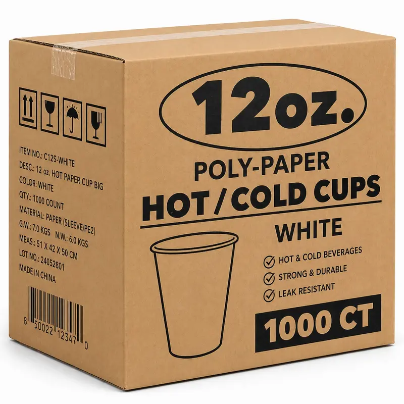 12 Oz White Poly-Coated Paper Cups – Durable Hot & Cold Disposable Cups, 1,000 Count Case 1