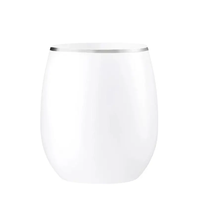 12Oz Stemless Plastic Wine Cups – White Body With Silver Rim (6-Pack) 1