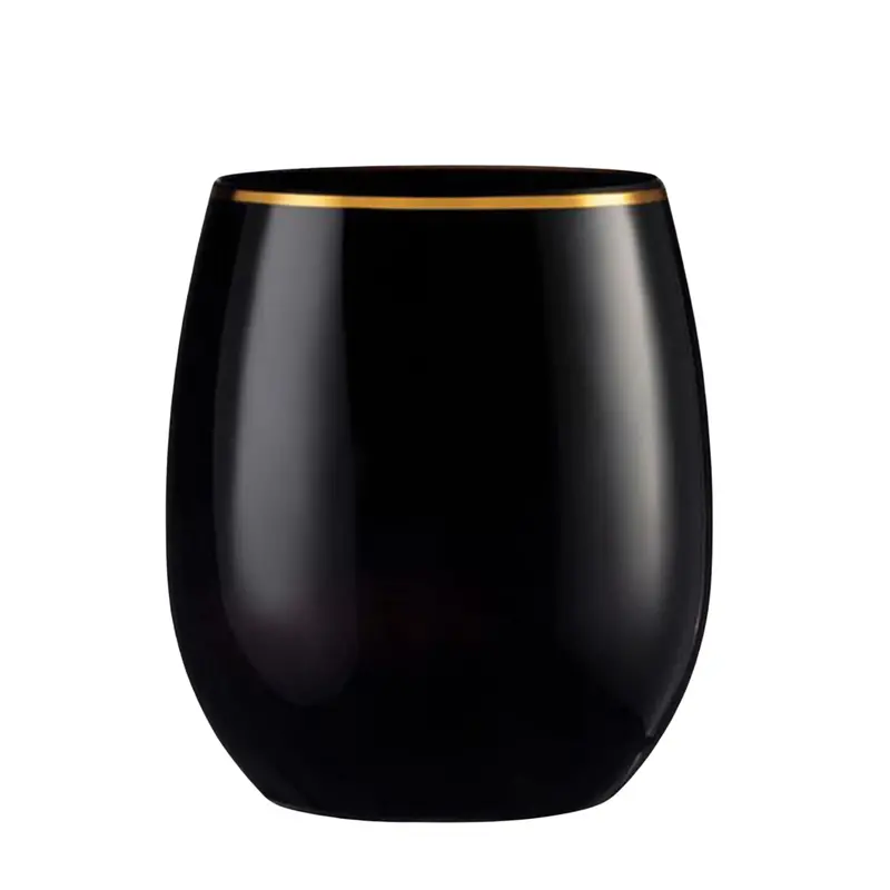 12Oz Stemless Plastic Wine Goblets – Black With Gold-Rimmed Edge (6-Pack) 1