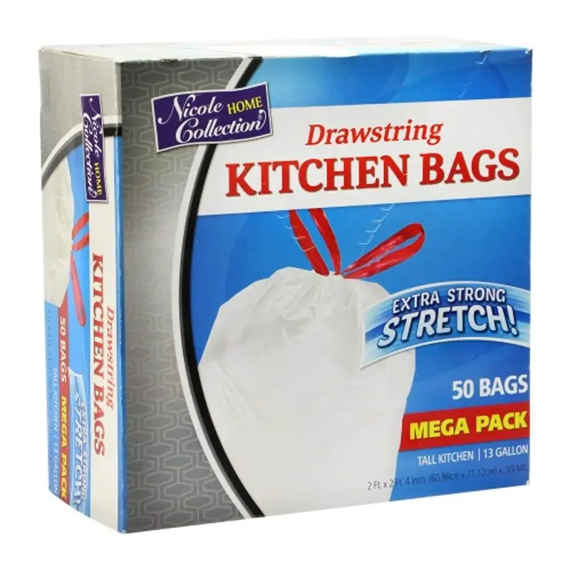 13-Gallon Tall Kitchen Trash Bags – Extra-Heavy White Drawstring Design 1
