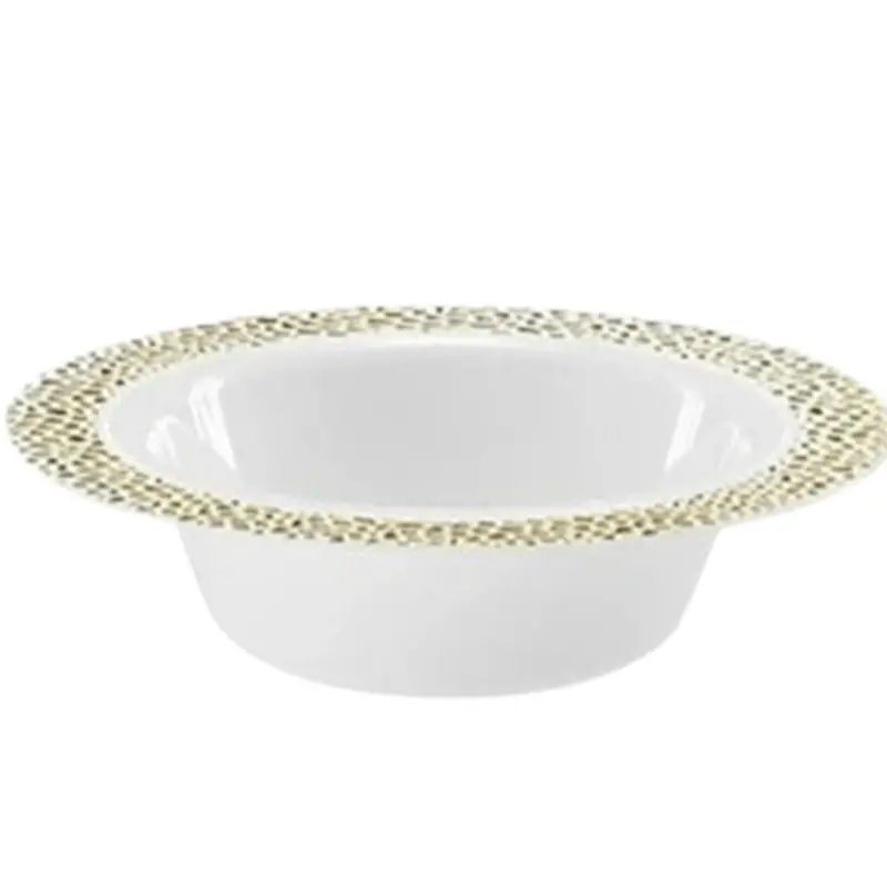 14 Oz Gold-Rimmed Pebbled Plastic Soup Bowls 1