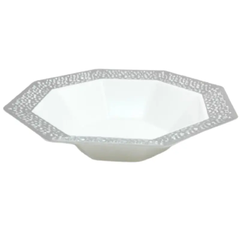 14 Oz White Plastic Serving Bowl With Silver Rim – Lacetagon Design 1