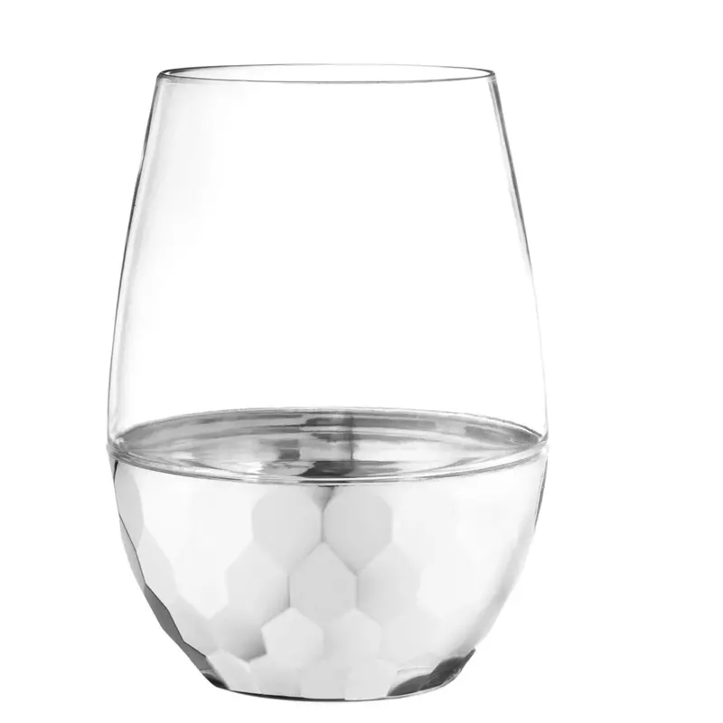 16 Oz Stemless Hammered Plastic Wine Goblet – Clear Body With Silver Base (6-Pack) 1