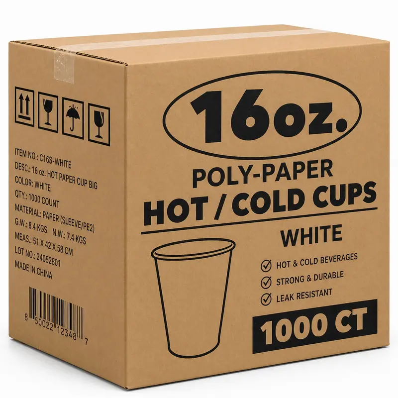 16 Oz White Poly-Coated Paper Cups – Commercial-Grade, Leak-Resistant, 1,000 Per Case 1