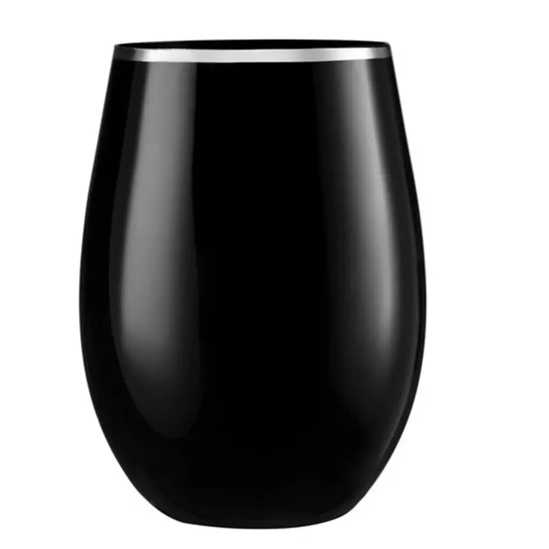 16Oz Stemless Black Plastic Wine Goblets – Silver Rimmed Design (6-Pack) 1