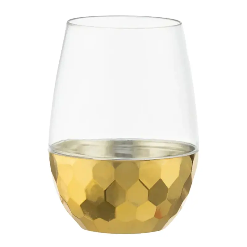 16Oz Stemless Hammered Plastic Wine Goblets – Clear Body With Gold Base (6-Pack) 1