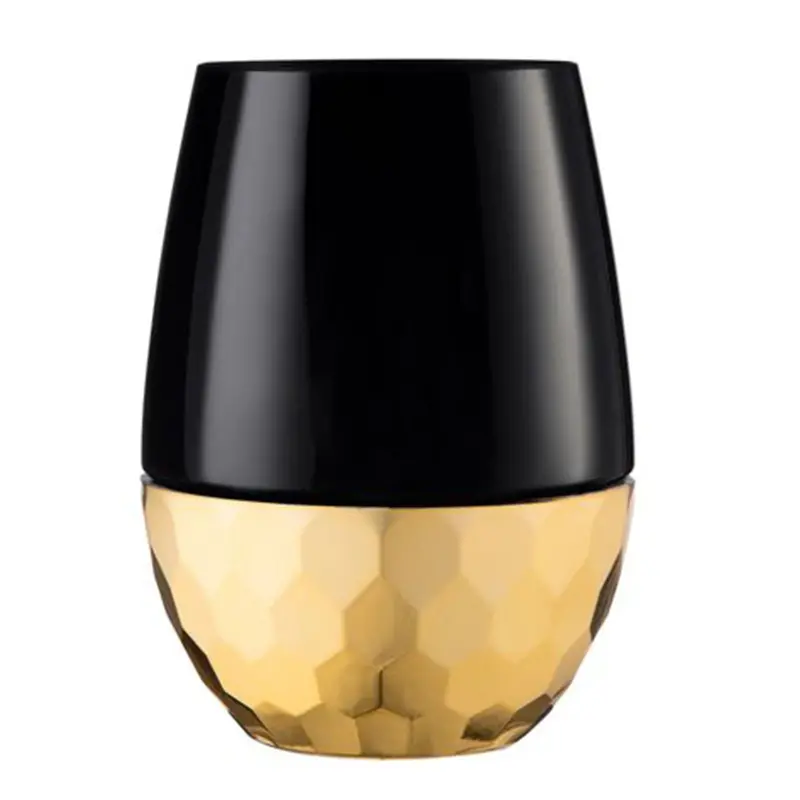 16Oz Stemless Plastic Wine Glasses – Black With Gold Bottom Accent (6-Pack) 1