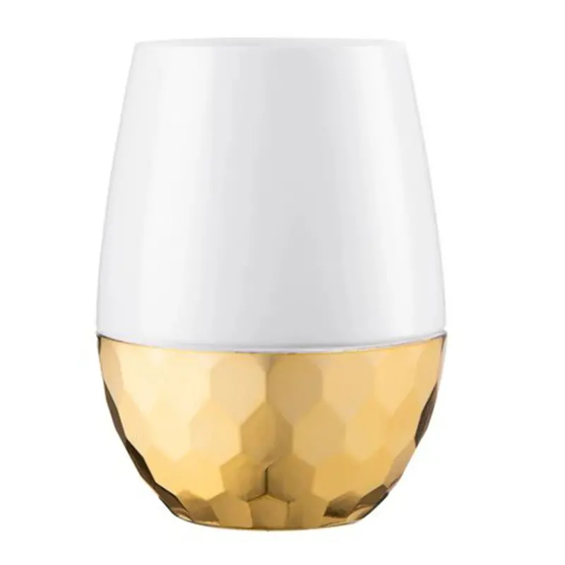 16Oz Stemless Plastic Wine Goblets – White Body With Gold Base (6-Pack) 1