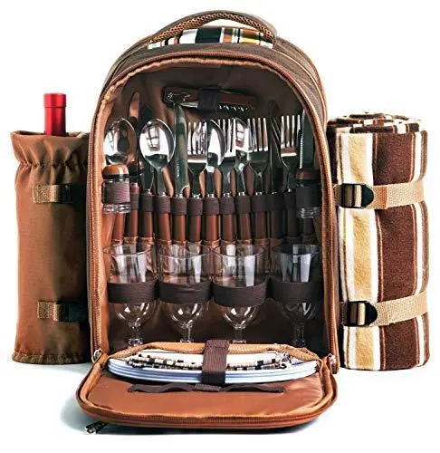 4-Person Picnic Backpack – Insulated Cooler Compartment, Detachable Wine Holder, Fleece Blanket & Full Cutlery Set (Coffee Color) 1