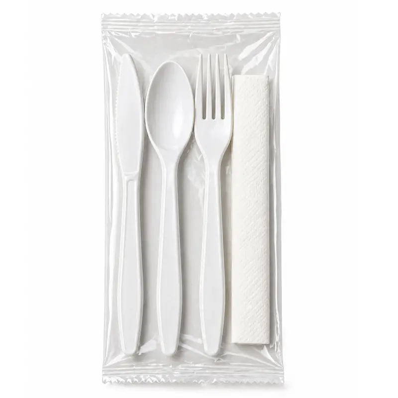 4-Piece White Medium-Weight Plastic Cutlery Set With Complementary Napkin 1