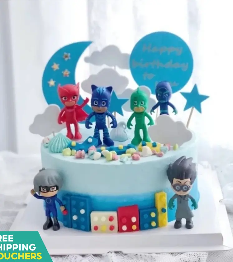 6-Piece Pj Masks Cake Topper Set – Blue, Cloud, And Star-Themed Character Figurines 1