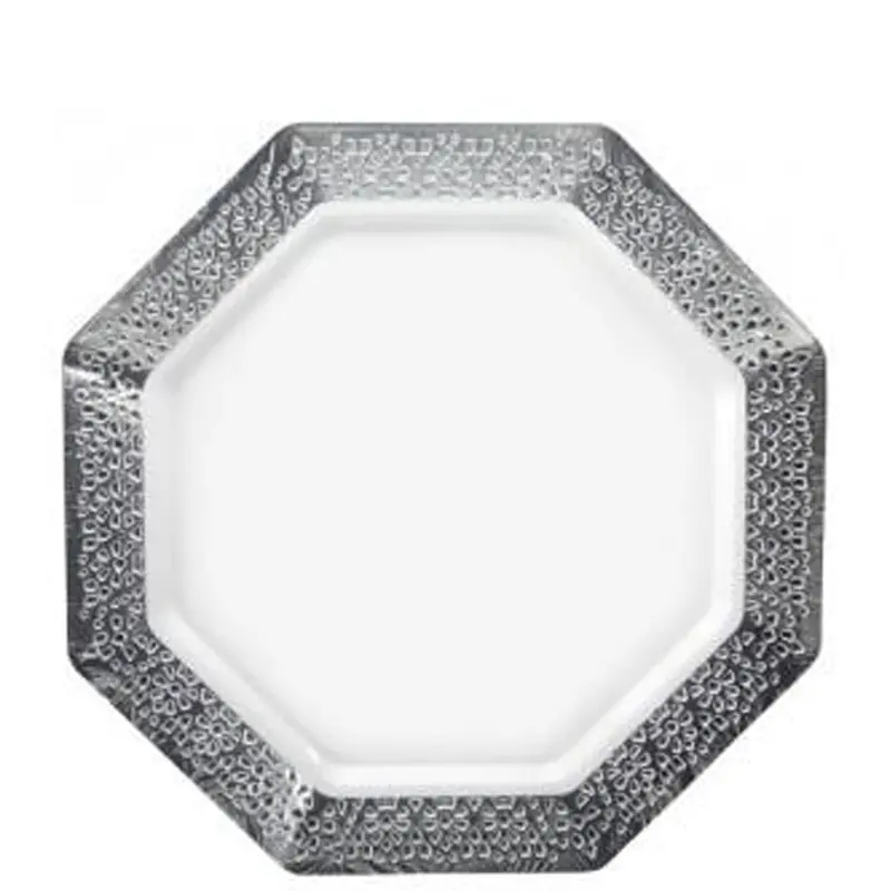 9.25" White Pearl-Finish Plate With Silver Rim – Lacetagon Collection 1