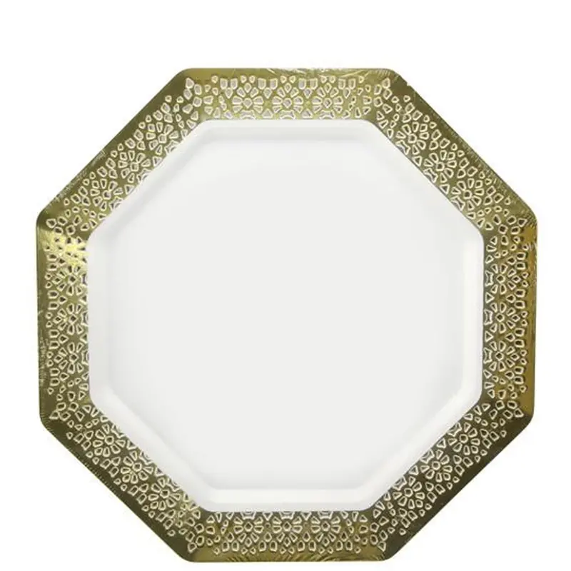 9.25" White Plastic Dinner Plate With Gold Rim – Lacetagon Line 1