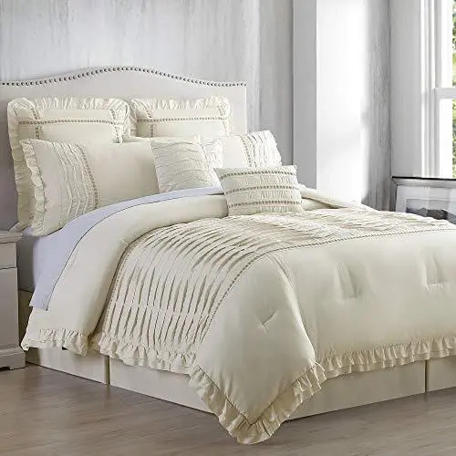 Amrapur Overseas Antonella 8-Piece Queen Comforter Set – Elegant Beige Pleated Bedding Collection 1