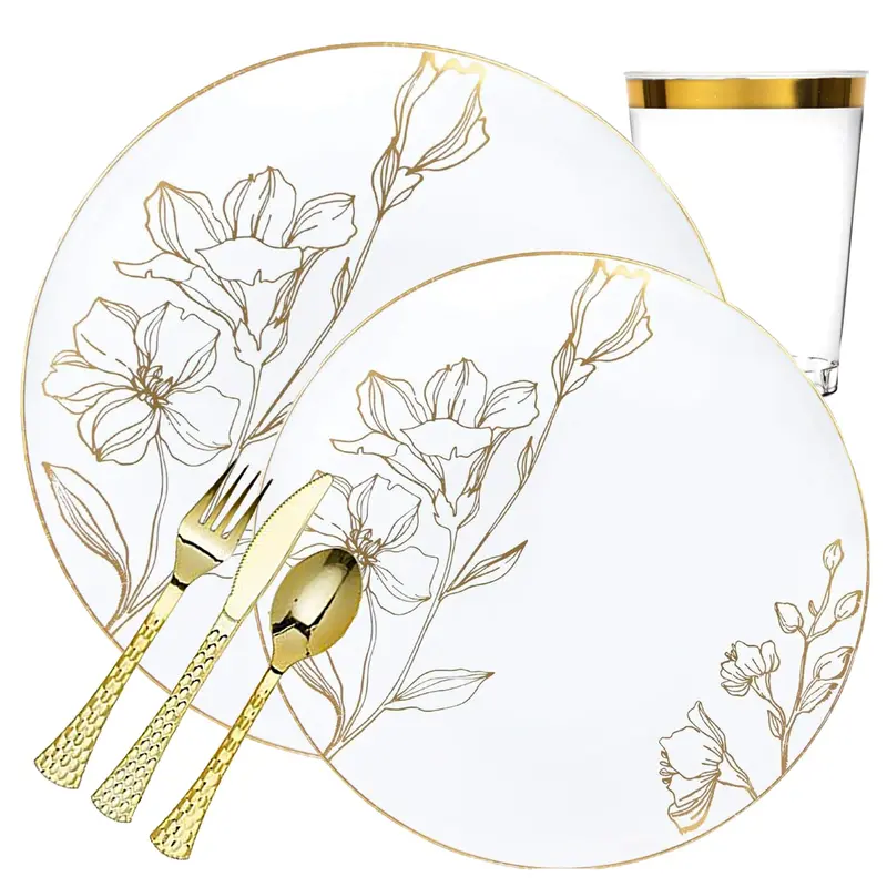 Antique Floral White & Gold Plastic Dinnerware Set – Value Pack 1