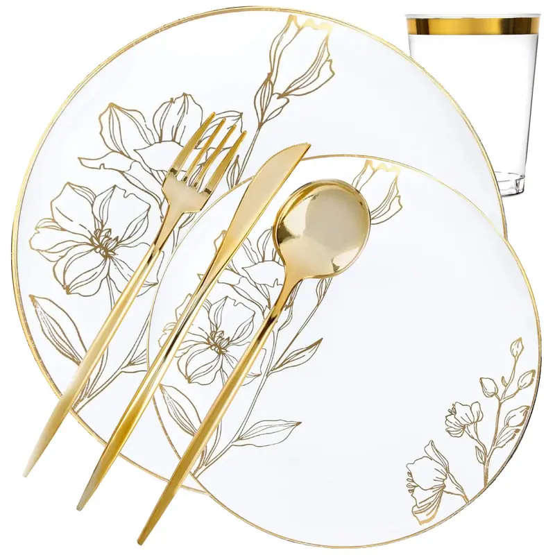 Antique-Inspired White & Gold Floral Plastic Dinnerware Set – Value Pack 1
