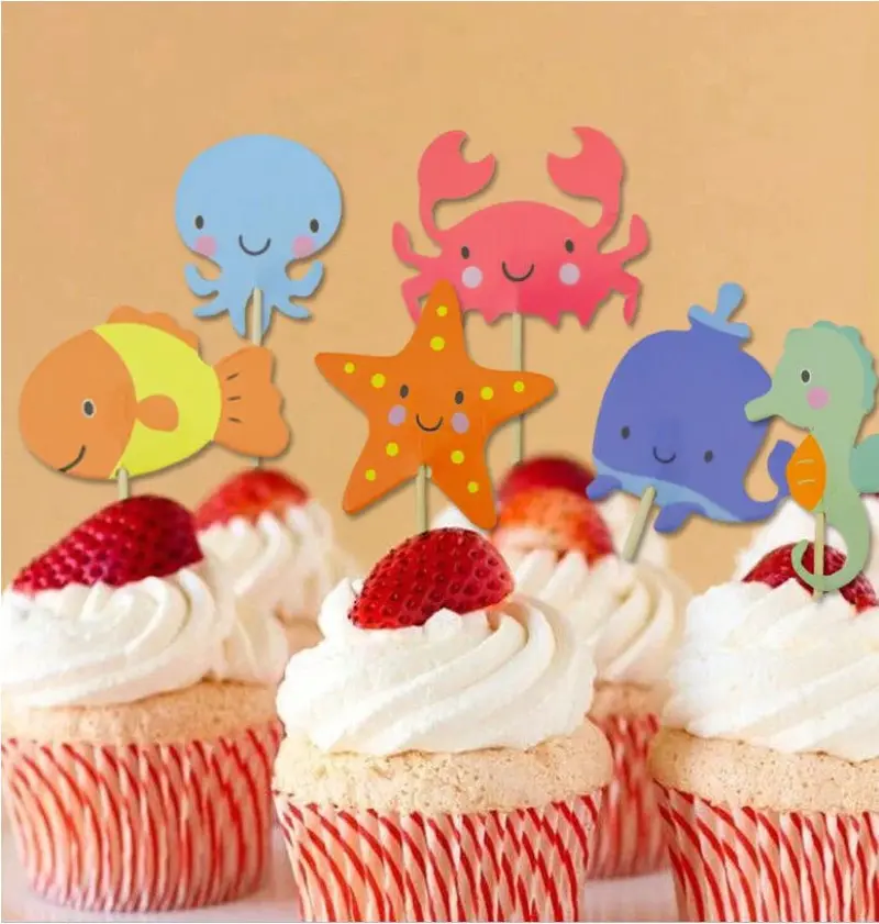 Aquatic-Themed Cupcake Toppers – 24-Piece Set Featuring Starfish, Octopus, Crab & Seahorse 1