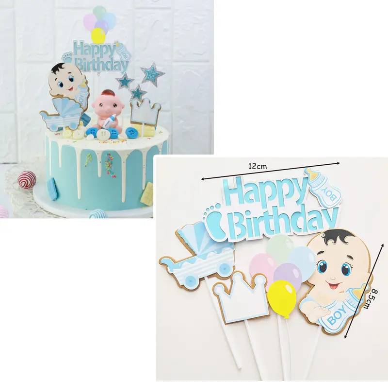 Baby Boy Birthday Cake Topper Set – 5-Piece Blue-Themed Celebration Decoration 1