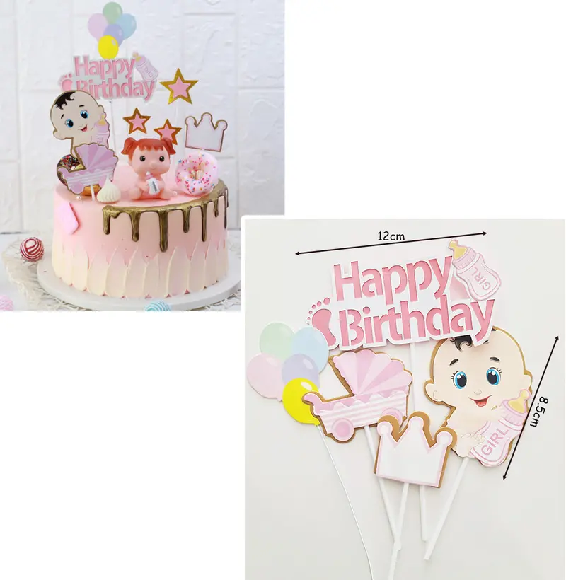 Baby Girl Birthday Cake Topper Set – 5-Piece Pink & Floral-Themed Celebration Kit 1