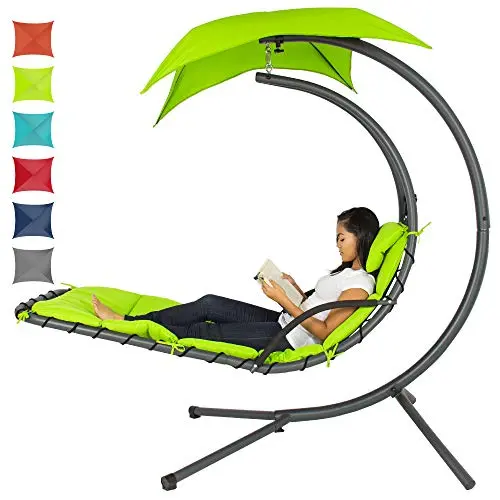 Best Choice Products Curved Hanging Chaise Swing – Outdoor Patio Lounge Chair With Removable Canopy, Pillow & Stand (Green) 1