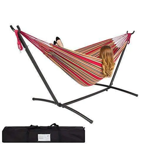 Best Choice Products Double Hammock Set – Steel Space-Saving Stand + Portable Carry Bag, Vibrant Red 1