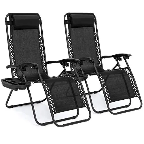 Best Choice Products Zero Gravity Lounge Chair Set – 2 Adjustable Steel Mesh Recliners With Pillows & Cup Holders, Black 1