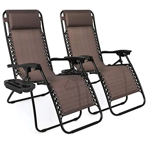 Best Choice Products Zero Gravity Recliner Set (2-Pack) – Steel Mesh Lounge Chairs With Pillows, Cup Holders & Brown Finish 1