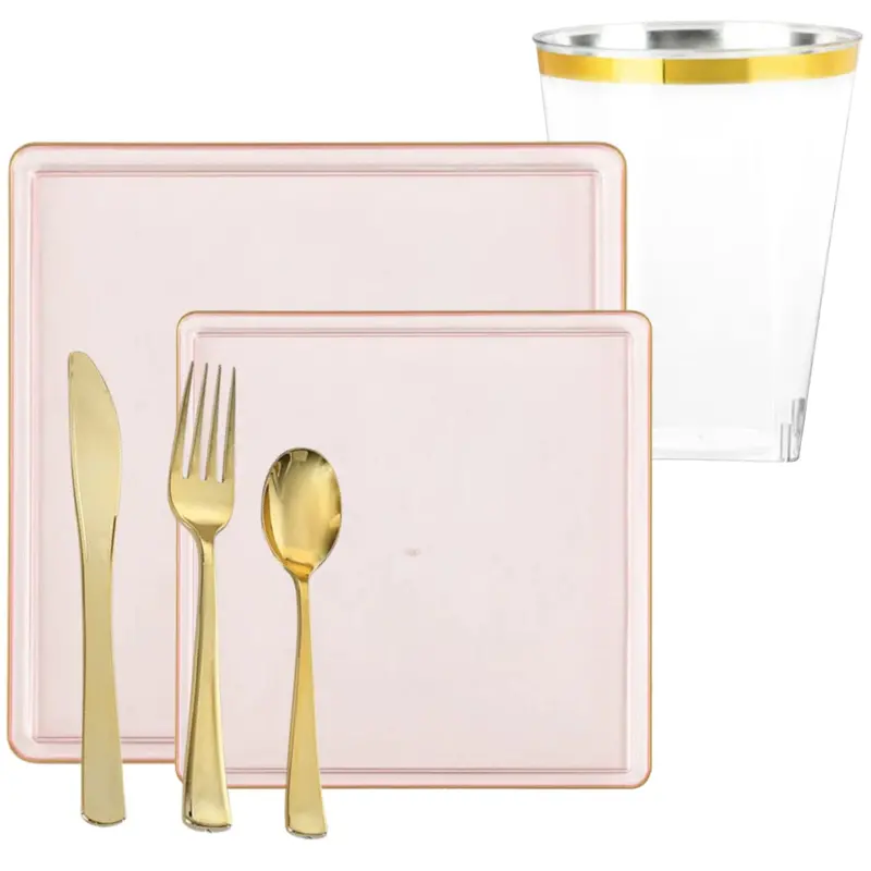 Blush Pink Square Plastic Dinnerware Set With Gold-Finished Edge – Value Pack 1