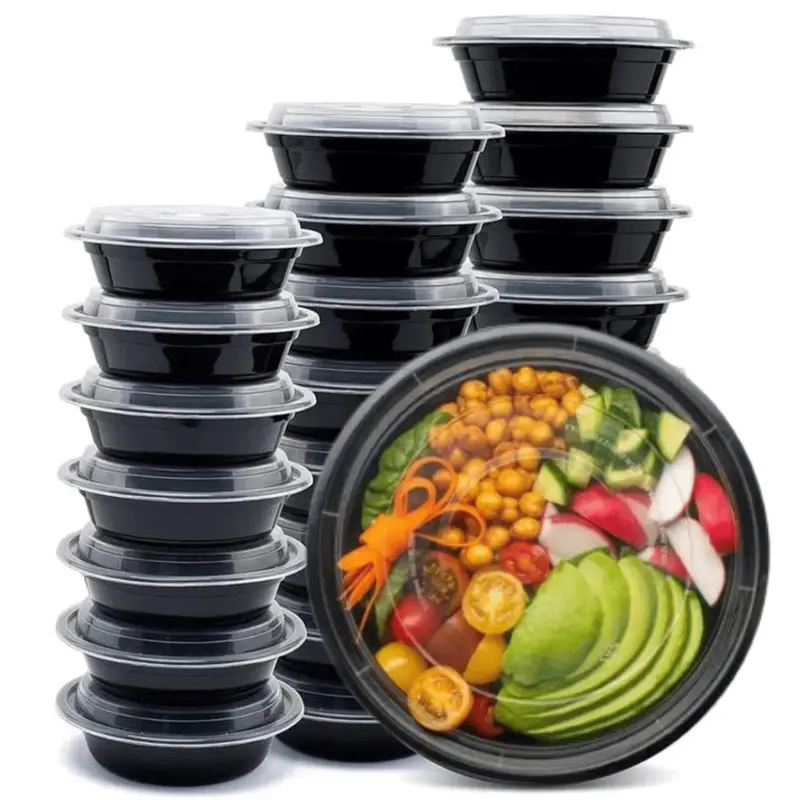 Bulk 32 Oz Black Plastic Meal Prep Tray With Snap-On Clear Lid 1