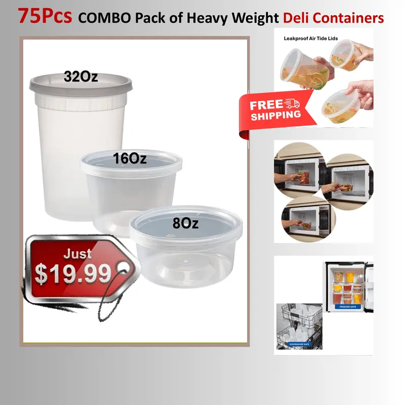 Bulk Combo Pack: Heavy-Duty Disposable Deli Containers – 24 Pcs Each Of 8Oz, 16Oz, And 32Oz (72 Total) 1