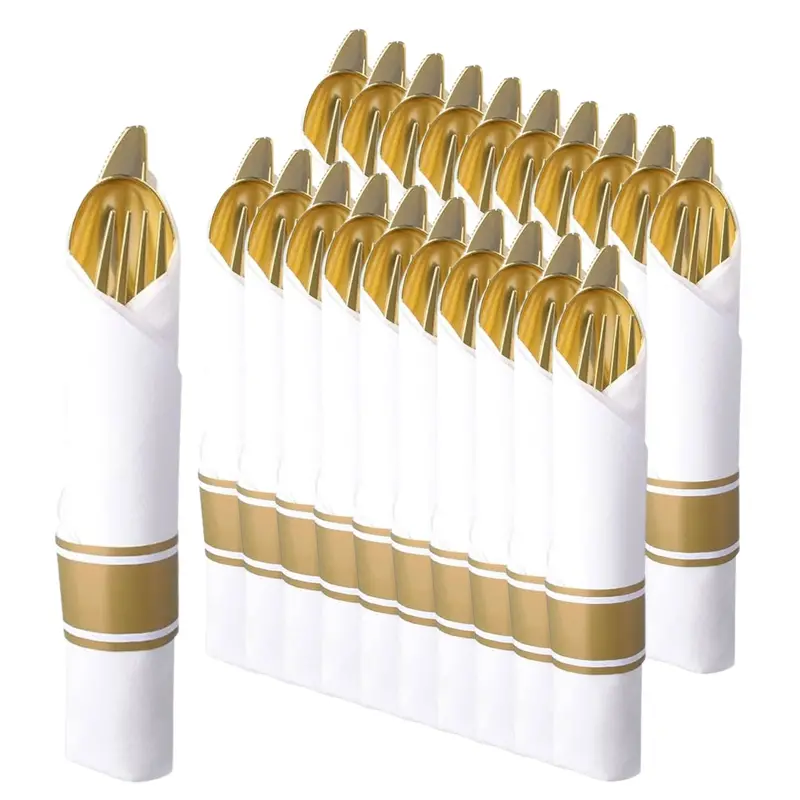 Bulk Pre-Rolled Gold Cutlery Set: Spoon, Knife, Fork & Napkin Combo 1