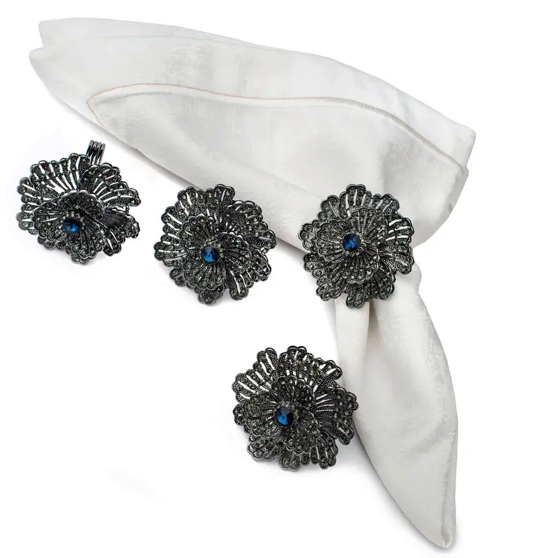 Buttercup-Shaped Silver-Plated Napkin Rings With Blue Crystals – 4-Piece Set (On Sale) 1