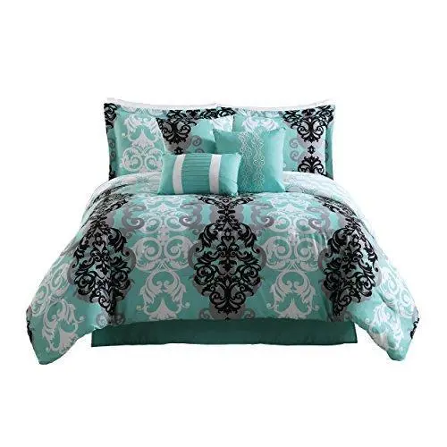 Carmela Home Studio Downton 7-Piece Comforter Set – Full/Queen Aqua Bedding Ensemble With Coordinated Pieces 1