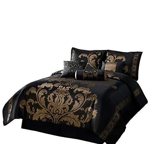 Chezmoi Collection Floral Jacquard Comforter Set – 7-Piece Queen Bed-In-A-Bag, Black & Gold Theme 1