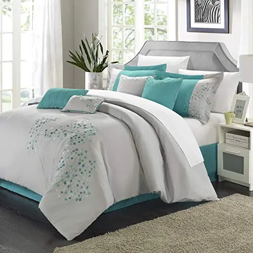 Chic Home Floral Embroidered Gray-And-Blue Queen Comforter Set – 8-Piece Modern Bedding Collection 1