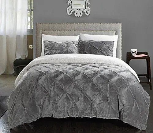 Chic Home Josepha Comforter Set – Queen Sherpa-Lined 3-Piece With Pinch Pleats, Ruffles & Pintucks, Grey 1