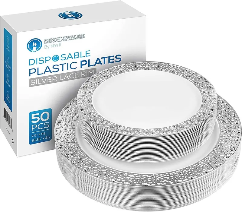 China Link Disposable Dinner Plate Set – 25 White & Silver Lace-Rimmed 10.25" Dinner Plates + 25 Matching 7.25" Salad Plates 1