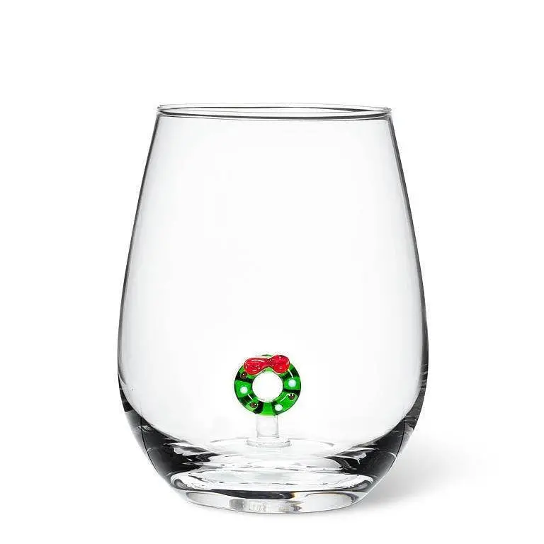 Christmas Wreath Stemless Wine Glass – Etched Glass Drinkware 1