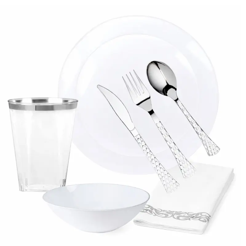 Classic White Plastic Dinnerware Set – Organic-Inspired Elegant Party Pack 1