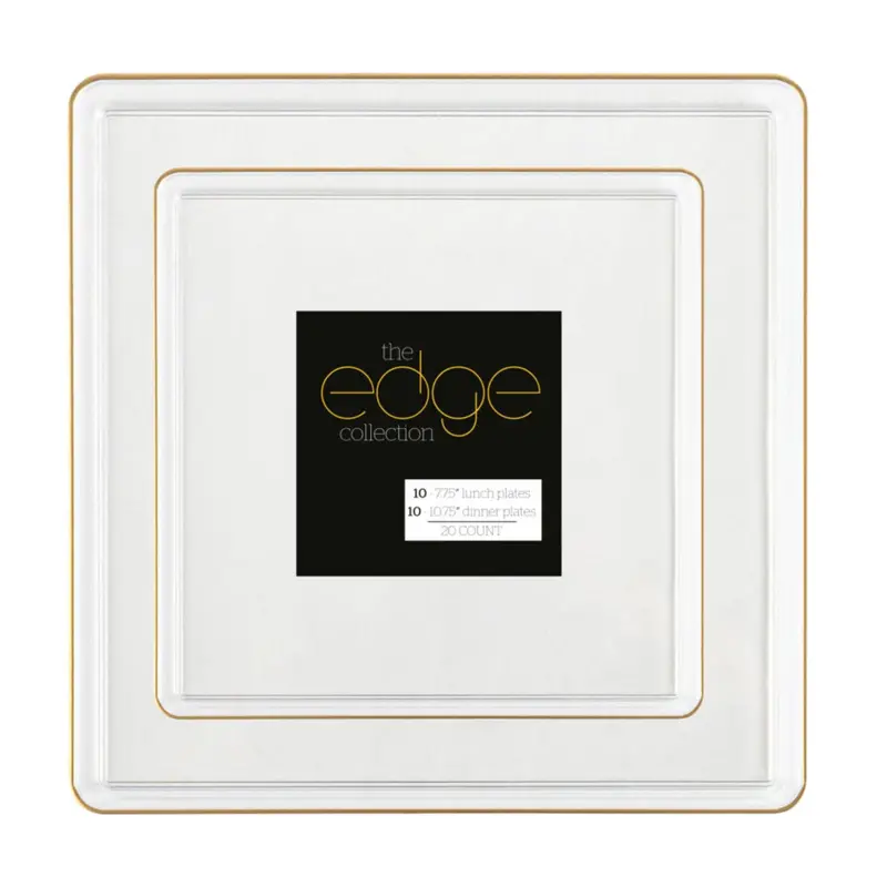 Clear & Gold Rim Square Plastic Plate Combo: 10.75" + 7.75" – Edge Collection 1