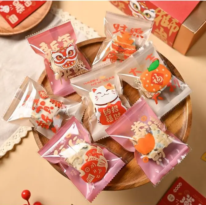 Cny-Themed Packaging Kit – 10 Or 100 Heat-Sealed Nougat & Pineapple Tart Bags With Fortune Cat Design 1