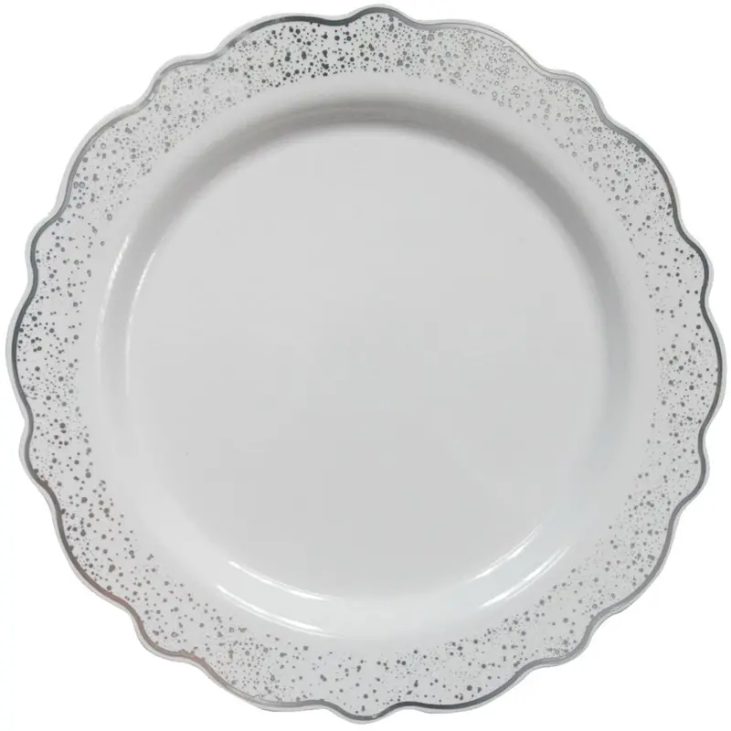 Confetti-Print 9.5" White & Silver Dinner Plates – 10-Piece Disposable Set 1