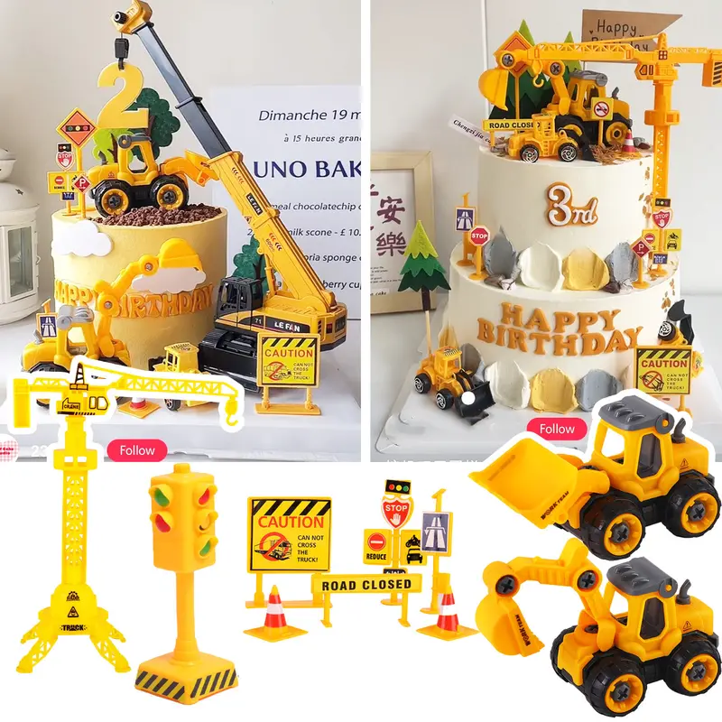Construction Vehicle Cake Topper Set – Bulldozer, Excavator, Crane & Transport Models 1