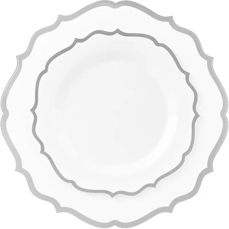 Contemporary 10-Inch And 7-Inch Silver-And-White Disposable Plate Set 1