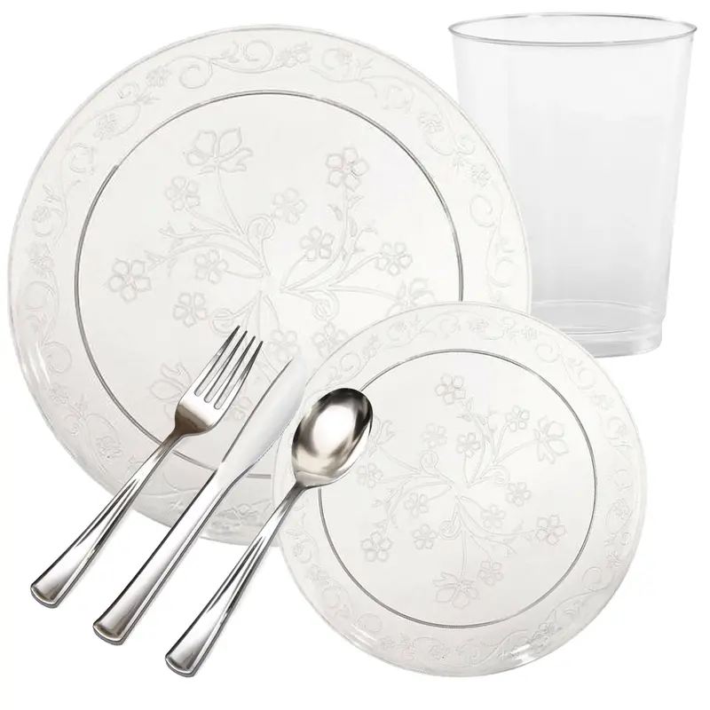 D'Vine Clear Plastic Dinnerware Set – Modern Transparent Value Pack 1