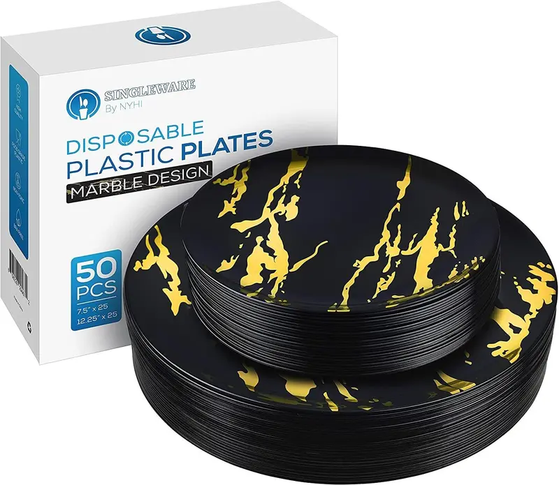 Elegant Black & Gold Marble Disposable Dinnerware Set – 25 Premium 10.25" Dinner Plates + 25 7.25" Salad Plates 1