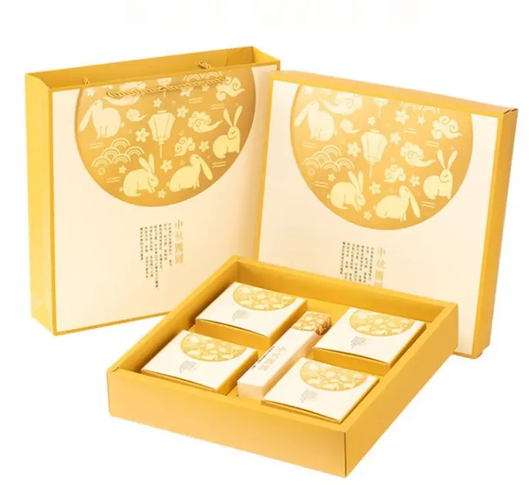 Elegant Gold-Finished Mooncake Gift Box – 100G Or 125G Capacity With Lunar Rabbit Motif 1