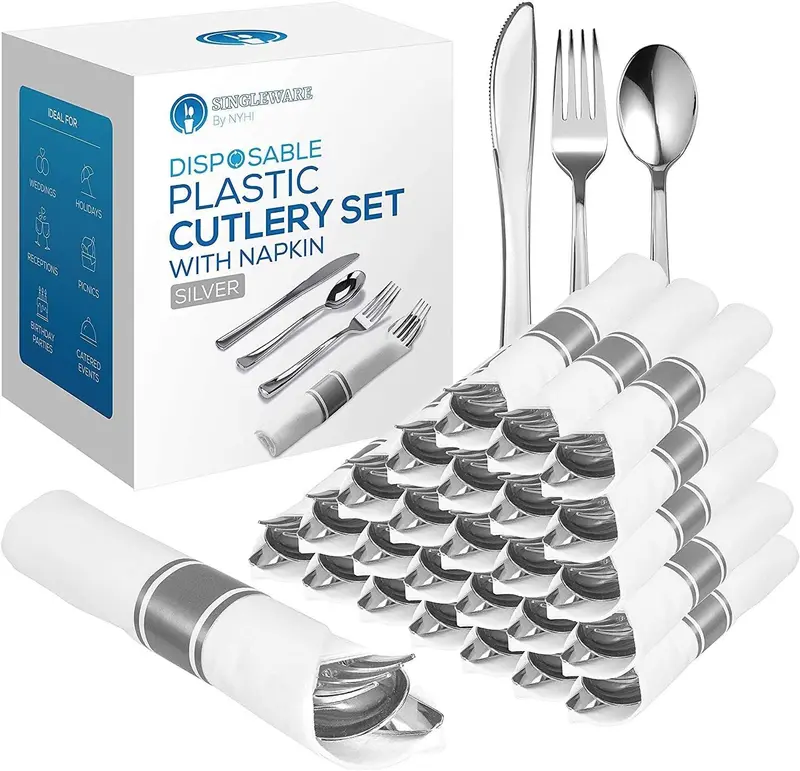 Elegant Silver Disposable Silverware Set – 25-Piece Forks, Knives & Spoons In Pre-Rolled Napkins, Premium Single-Use Cutlery For Formal Events 1